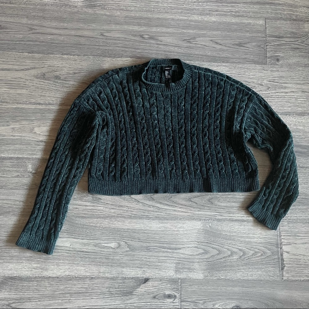 Dark Green Boxy Cropped Chenille Like Sweater SzL